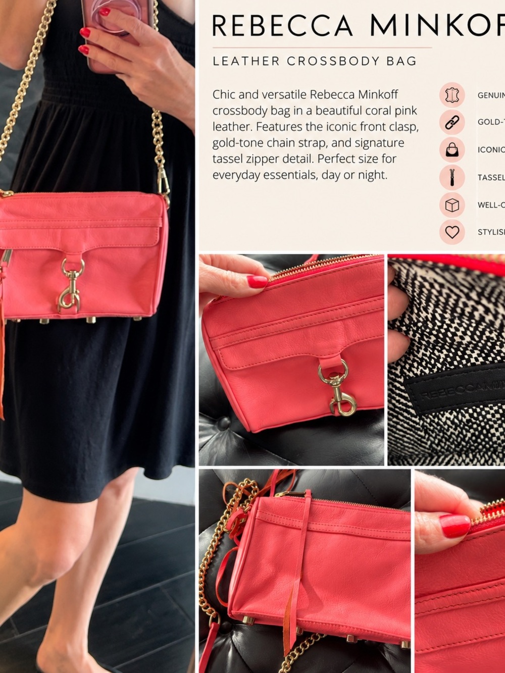 Rebecca Minkoff Coral Pink Leather Crossbody with Gold Chain Strap